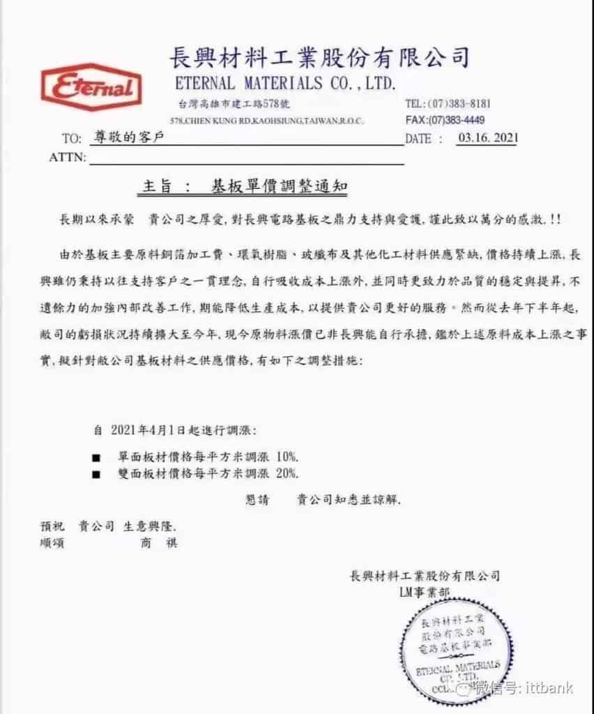 ETERNAL MATERIALS CO.,LIMITED PRICE INCREASE NOTICE
