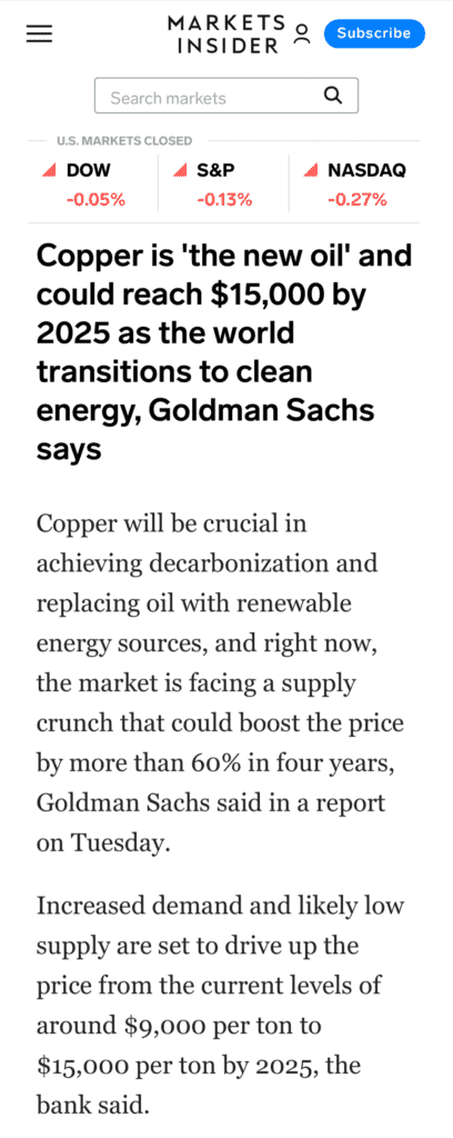 Cooper is "the new oil" and could reach $15,000 by 2025 as the world transitions to clean energy, Goldman Sachs says